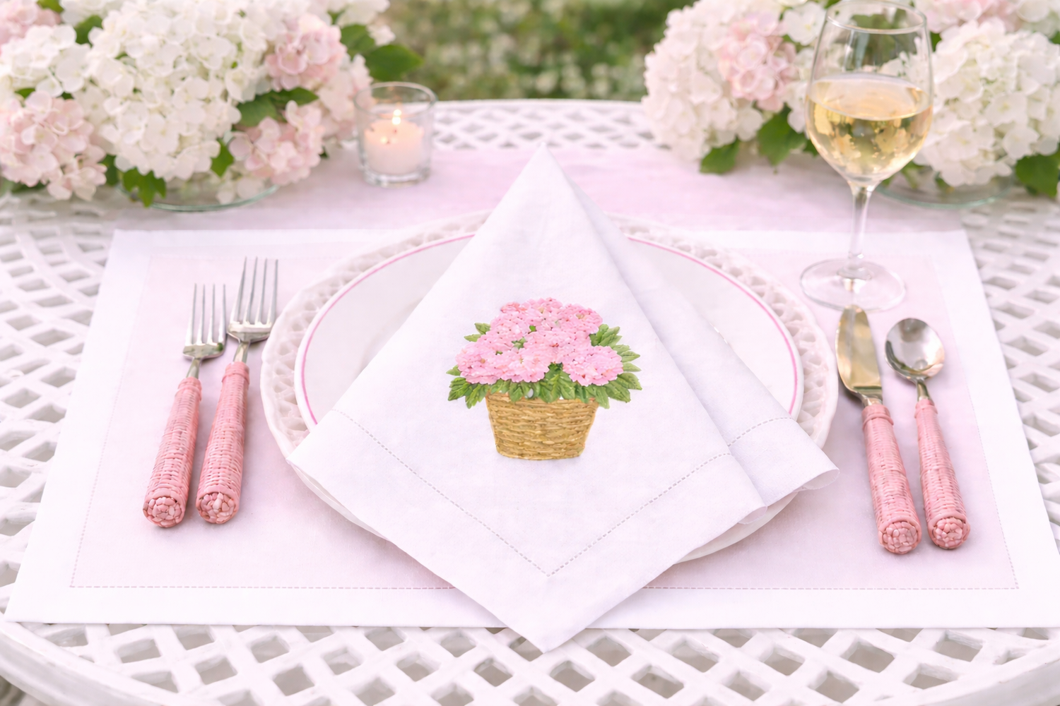 Set of 4 Pink Hydrangea Embroidered Dinner Napkins