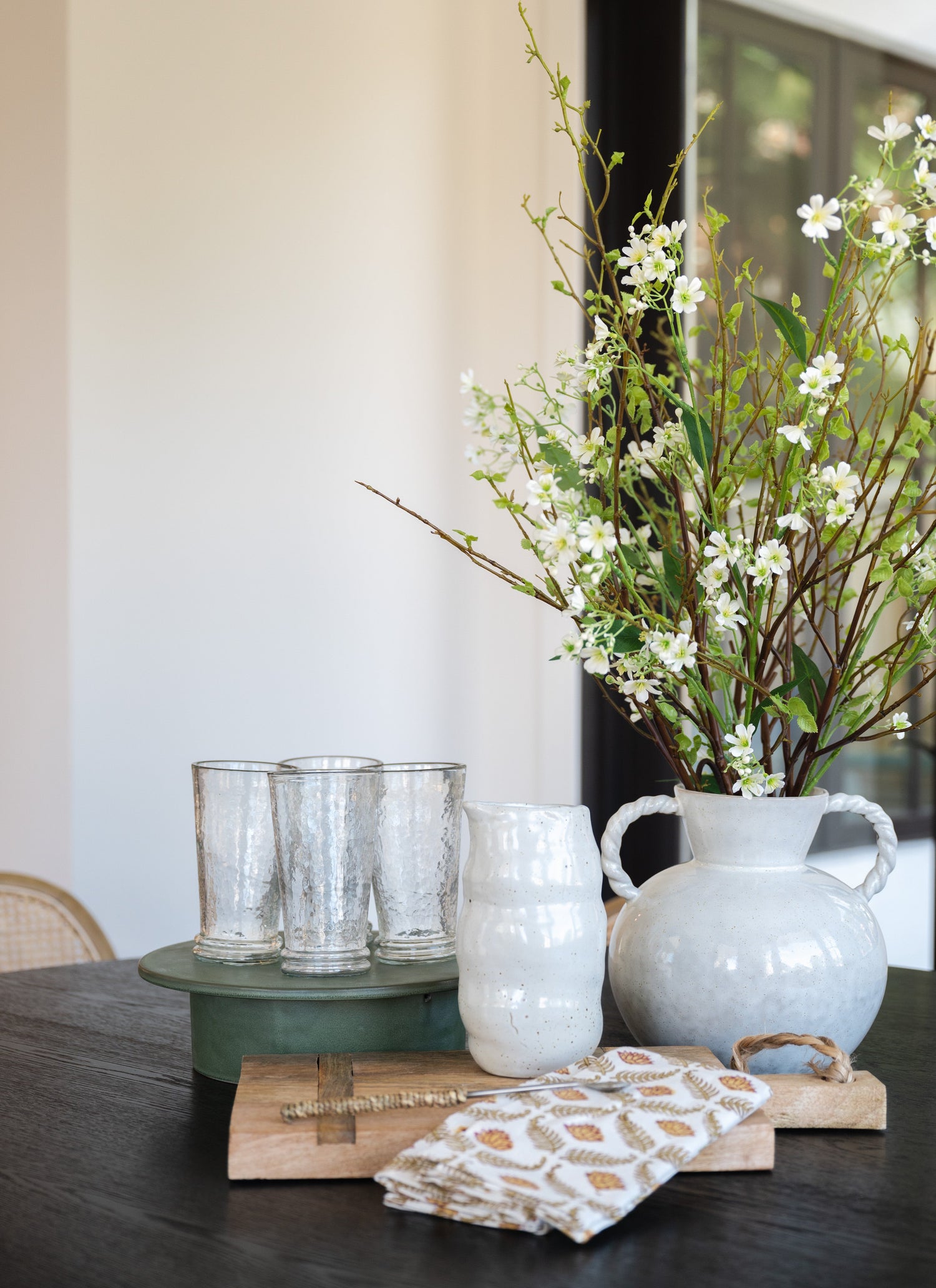 Cream Reactive Glaze Stoneware Vase with Twisted Handles