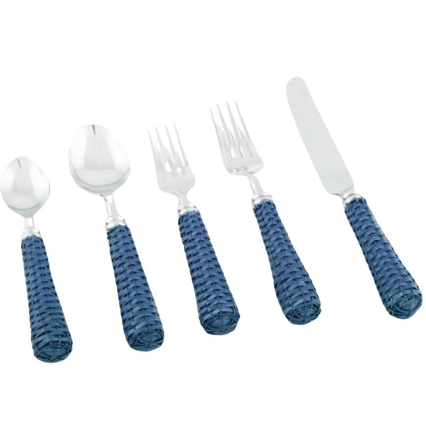 Navy Basketweave Five Piece Flatware Set