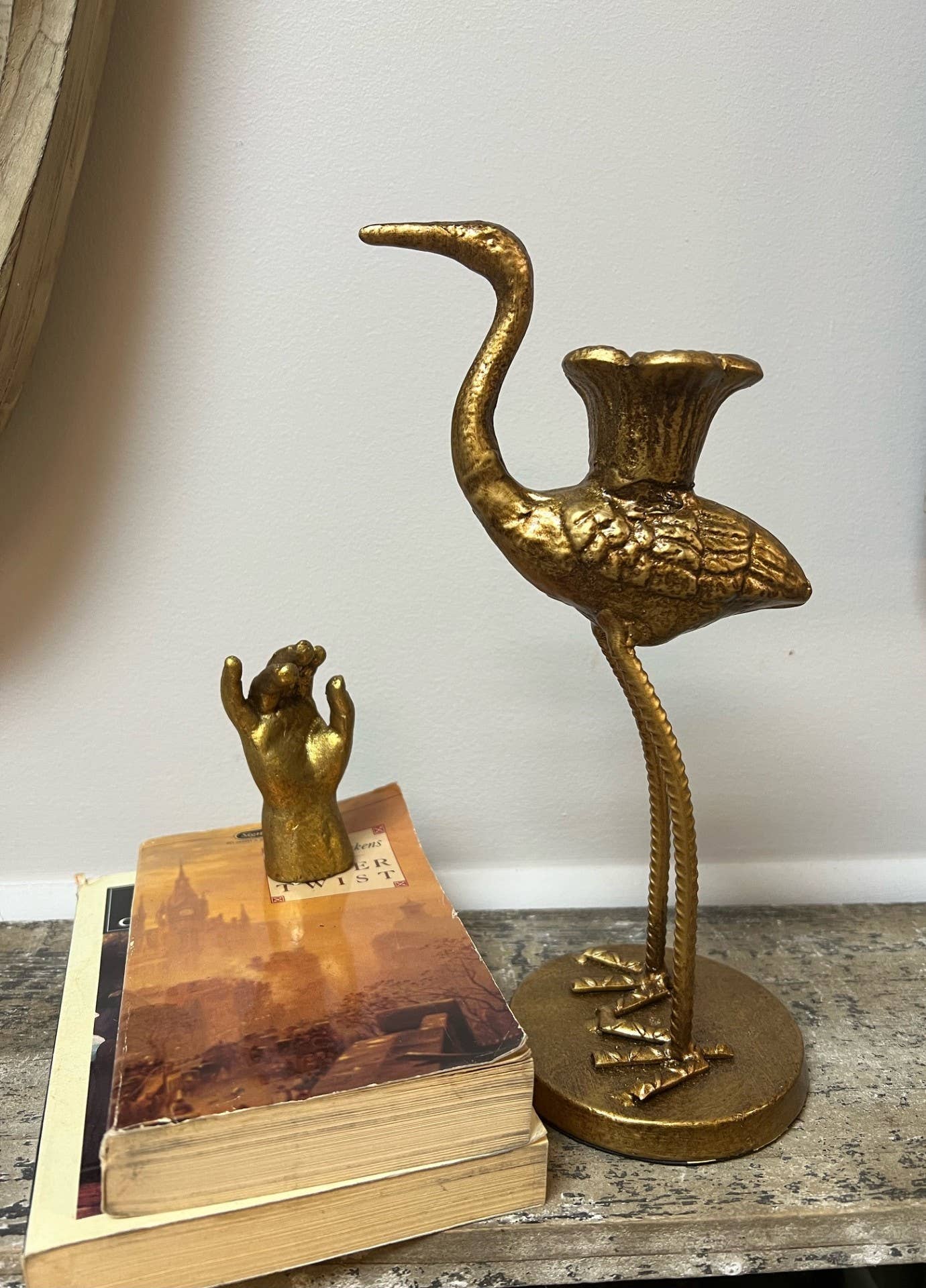 Crane Candle Holder in Antique Gold