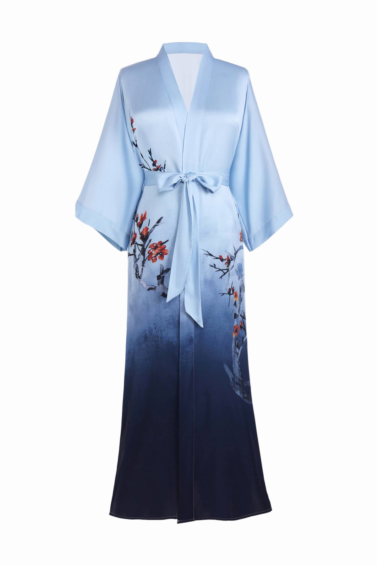 Gradient Watercolor Floral Kimono Robe – Pale Serenity / Midnight Navy