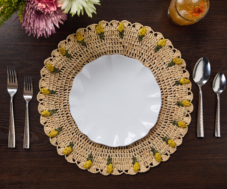 Raffia Crochet Tulip Placemat - Yellow