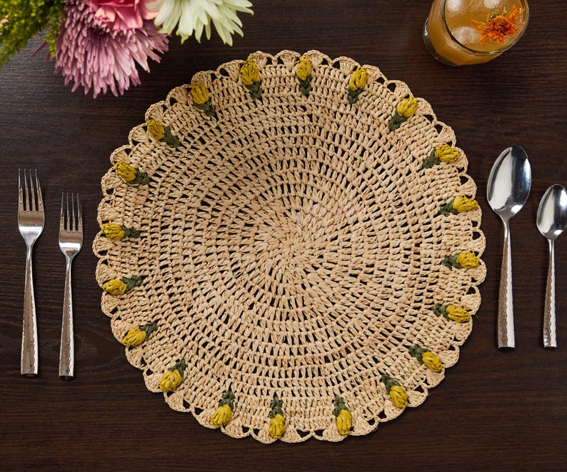 Raffia Crochet Tulip Placemat - Yellow