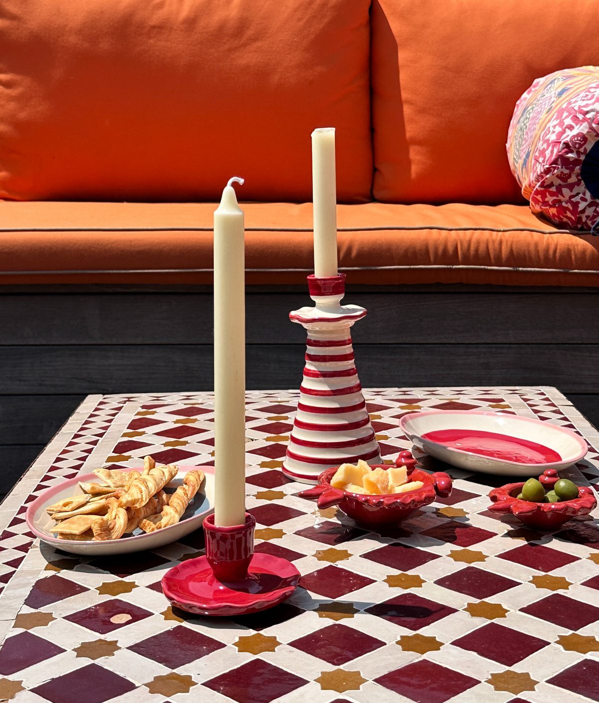 Ruffle Candleholder, Crimson Stripe