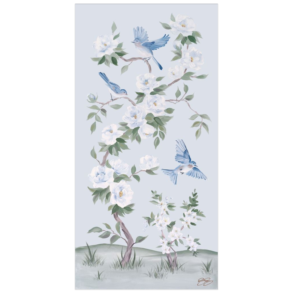 Bluebirds and Peonies – Light Blue Chinoiserie Fine Art Paper Print (Various Sizes)