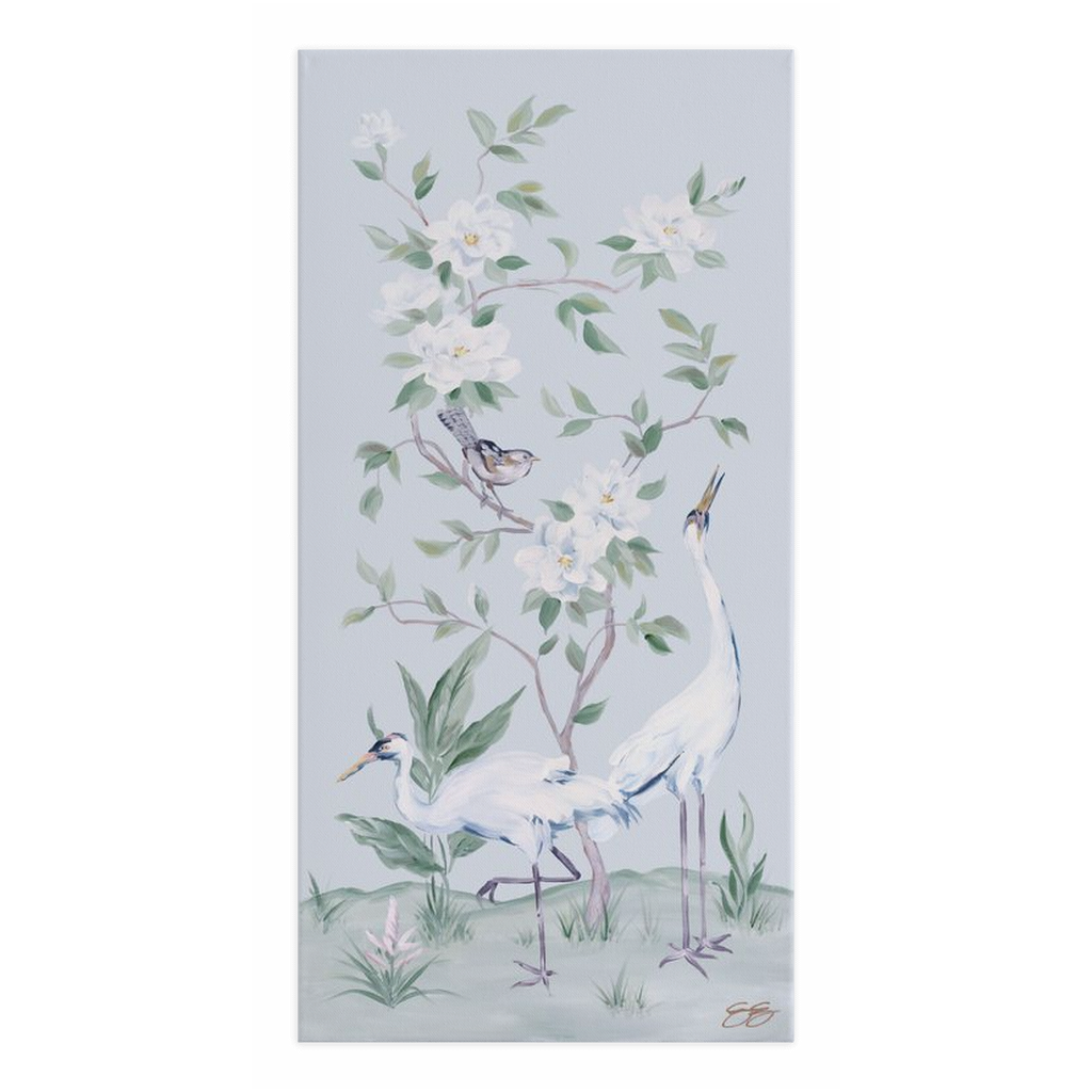 Cranes and Gardenias – Light Blue Chinoiserie Canvas Wrap (Various Sizes)