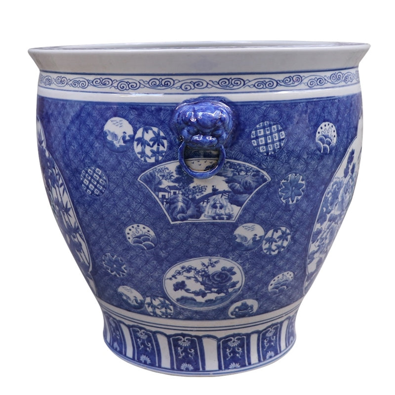 Navy Bird and Floral Fishbowl Pot