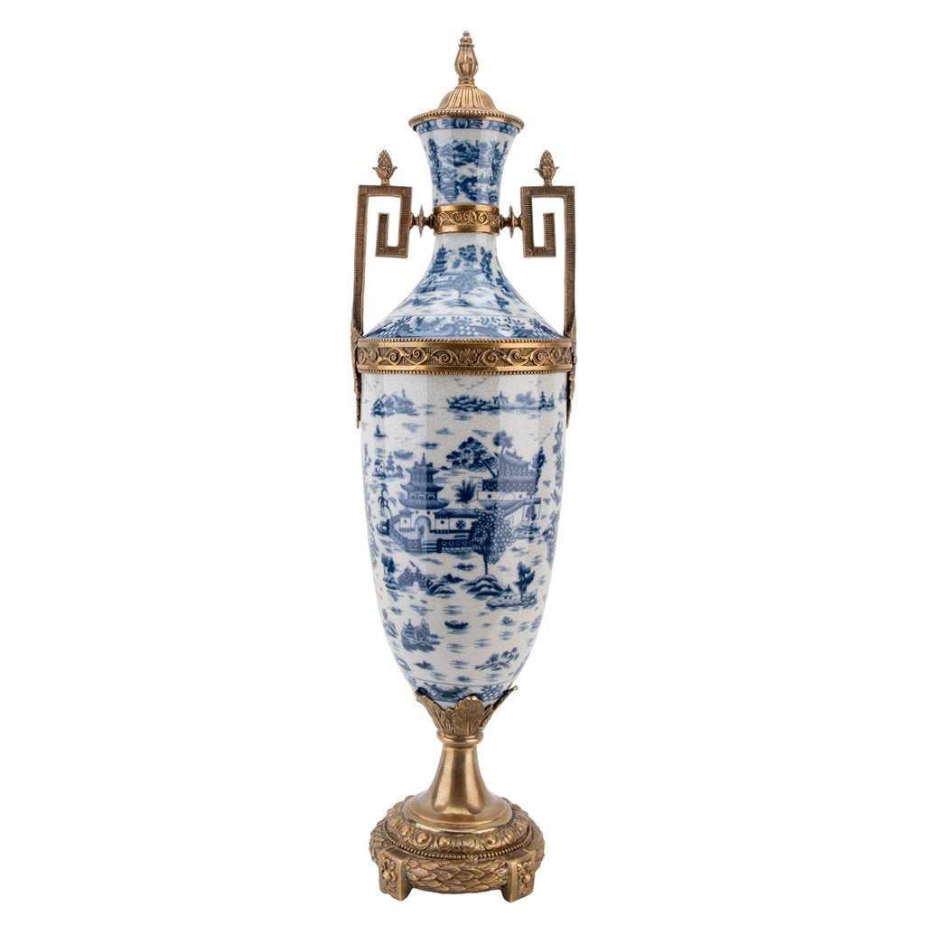 Tall Blue & White Porcelain Trophy Jar with Lid and Bronze Ormolu – Blue Willow Pattern