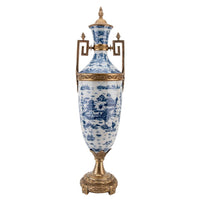 Tall Blue & White Porcelain Trophy Jar with Lid and Bronze Ormolu – Blue Willow Pattern
