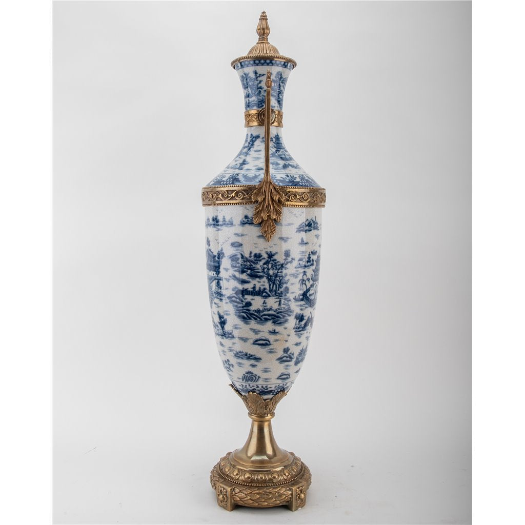 Tall Blue & White Porcelain Trophy Jar with Lid and Bronze Ormolu – Blue Willow Pattern