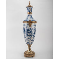 Tall Blue & White Porcelain Trophy Jar with Lid and Bronze Ormolu – Blue Willow Pattern