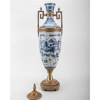 Tall Blue & White Porcelain Trophy Jar with Lid and Bronze Ormolu – Blue Willow Pattern