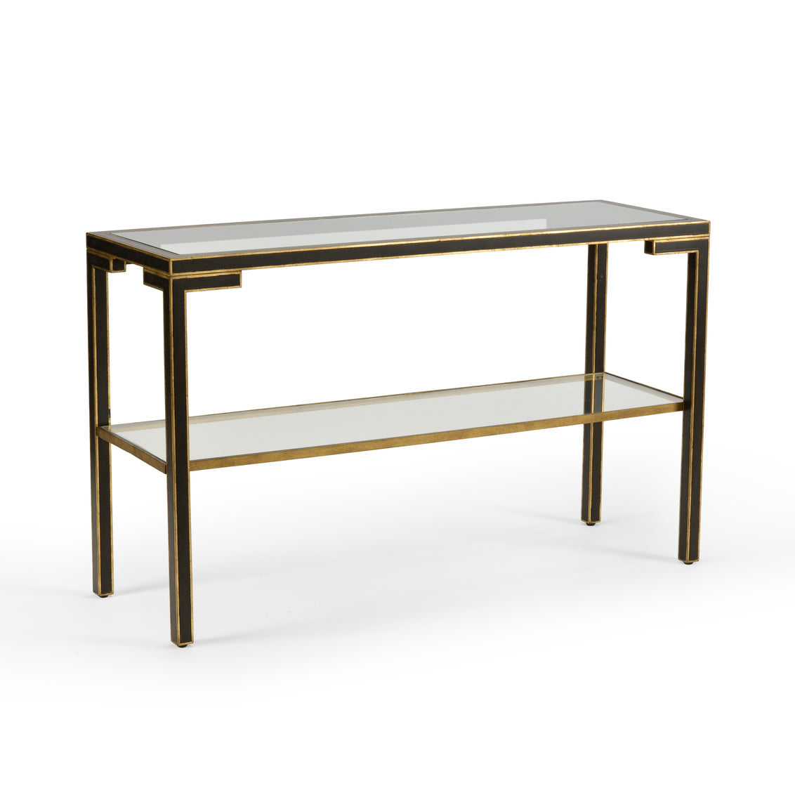 Black Console Table with Gold Trim and Glass Top & Shelf