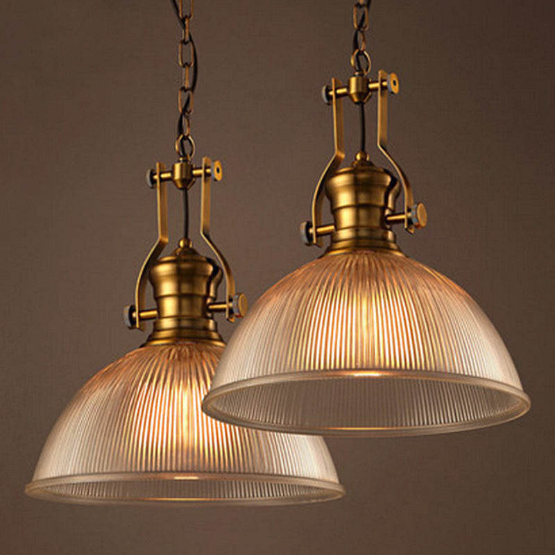 Brass Bowl Pendant Lamp with Ribbed Glass (3 Sizes)