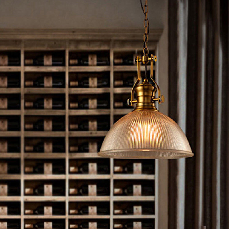 Brass Bowl Pendant Lamp with Ribbed Glass (3 Sizes)