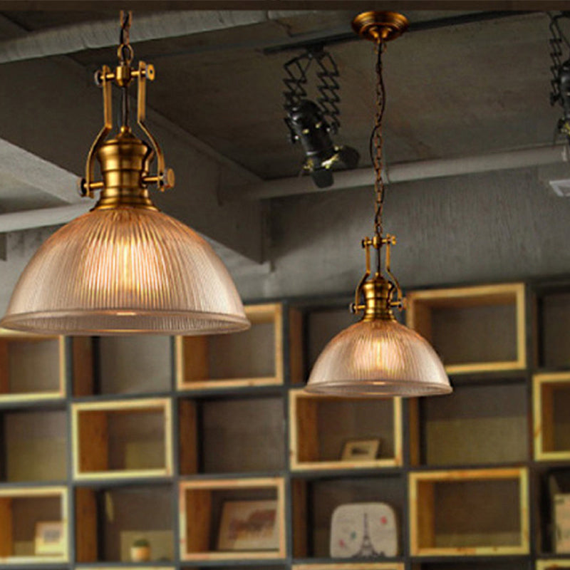Brass Bowl Pendant Lamp with Ribbed Glass (3 Sizes)