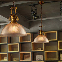 Brass Bowl Pendant Lamp with Ribbed Glass (3 Sizes)