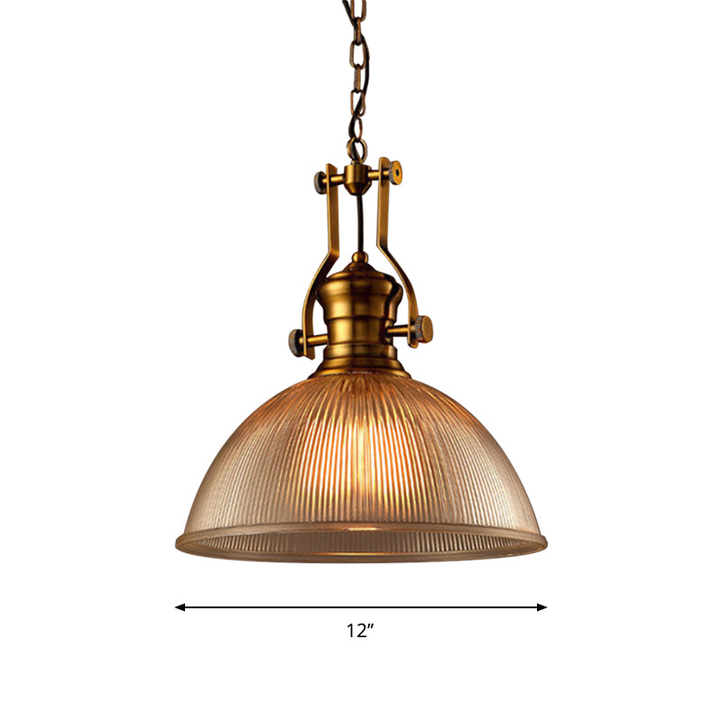 Brass Bowl Pendant Lamp with Ribbed Glass (3 Sizes)