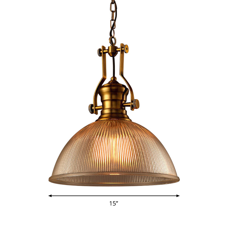 Brass Bowl Pendant Lamp with Ribbed Glass (3 Sizes)