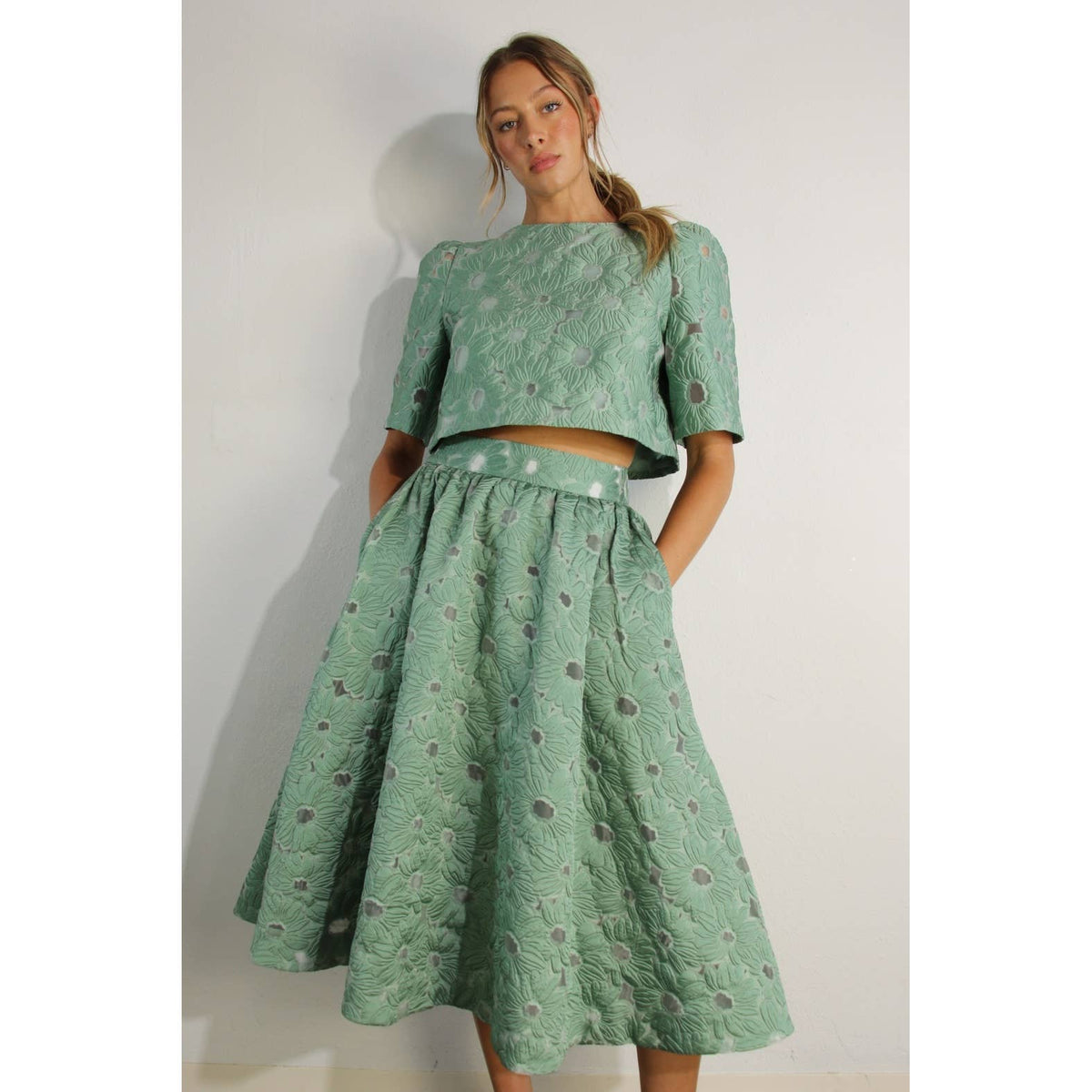 Flower Embossed Crop Top & Skirt Set