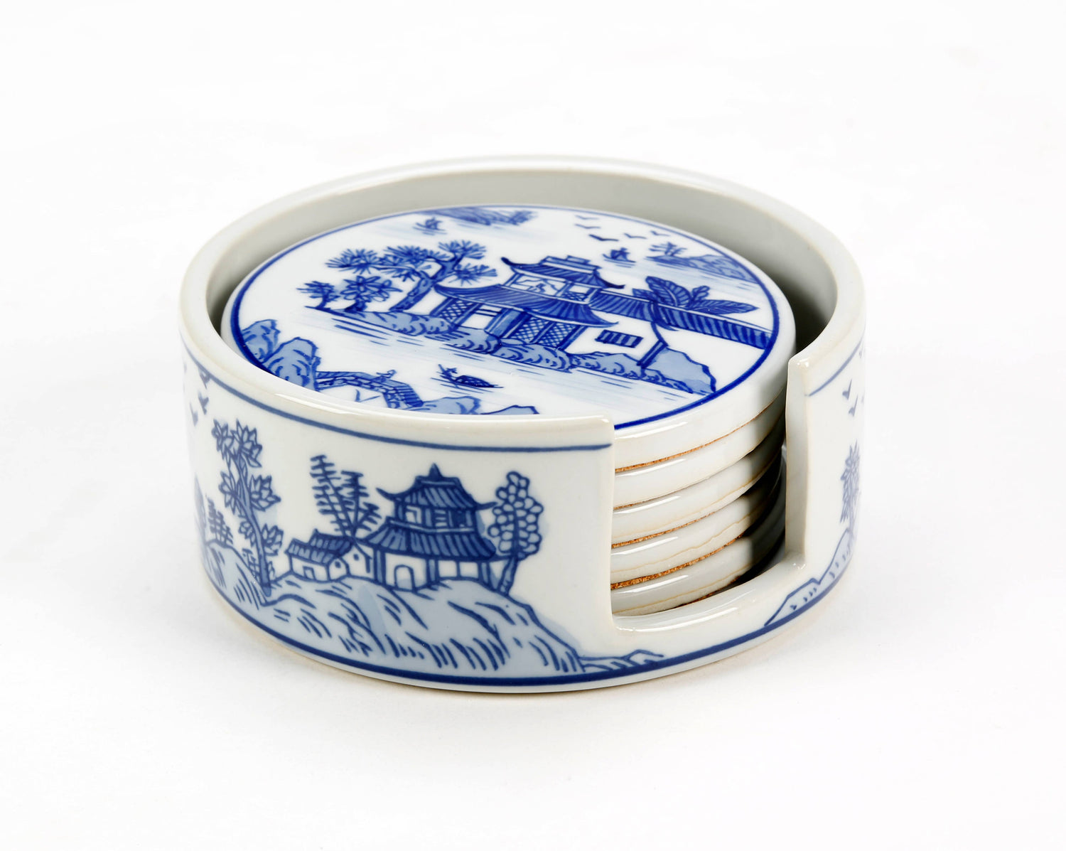 Chinoiserie Pagoda Porcelain Coaster Set with Holder – Set of 5