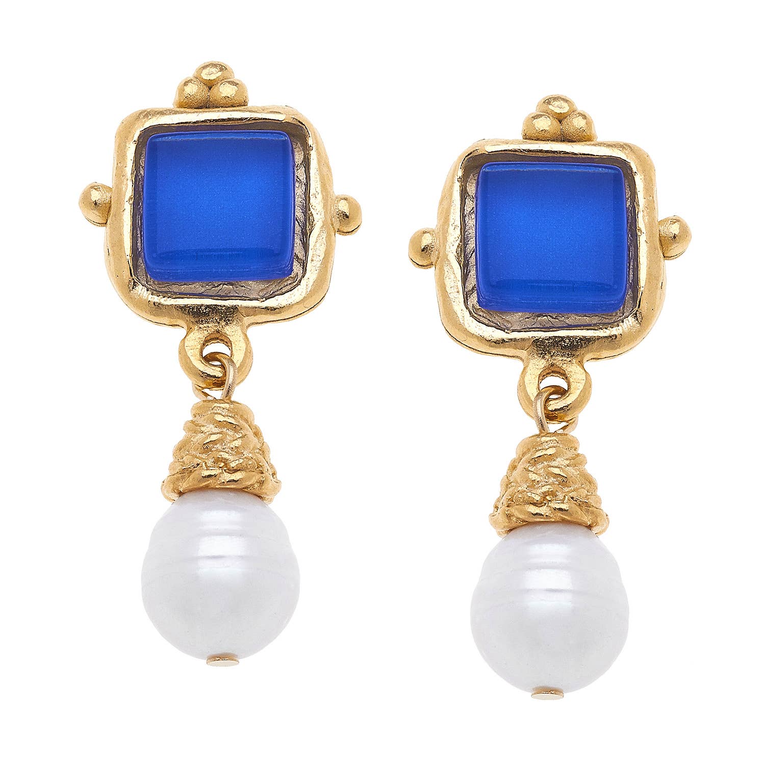 Charlotte Blue French Glass & Pearl Drop Earrings