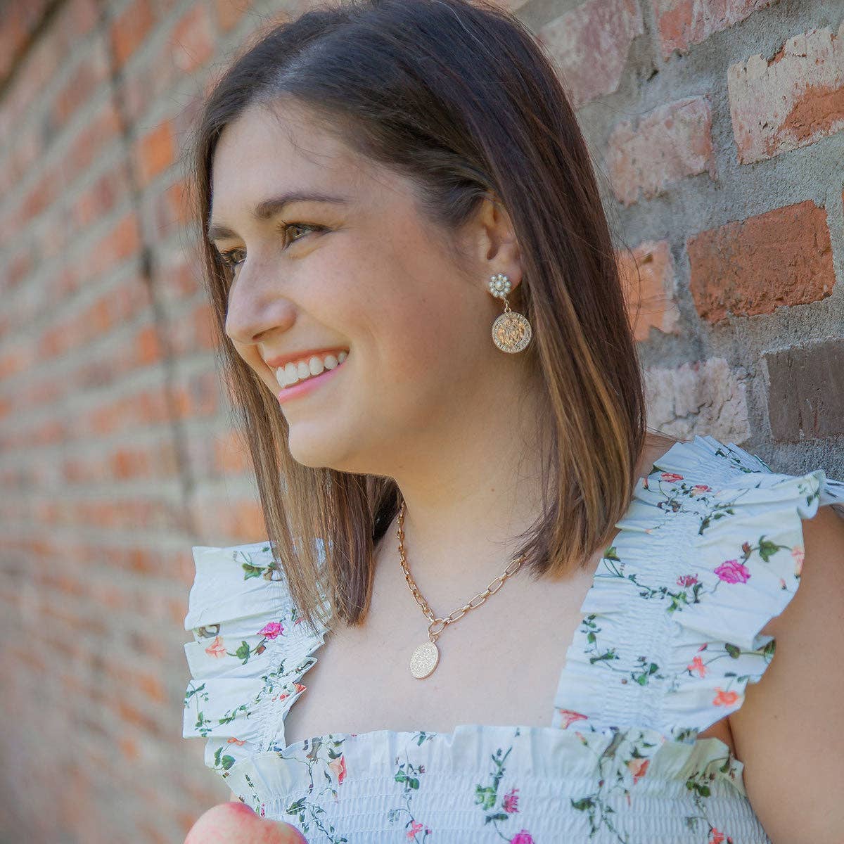 French Coin Pearl Drop Earrings in Worn Gold