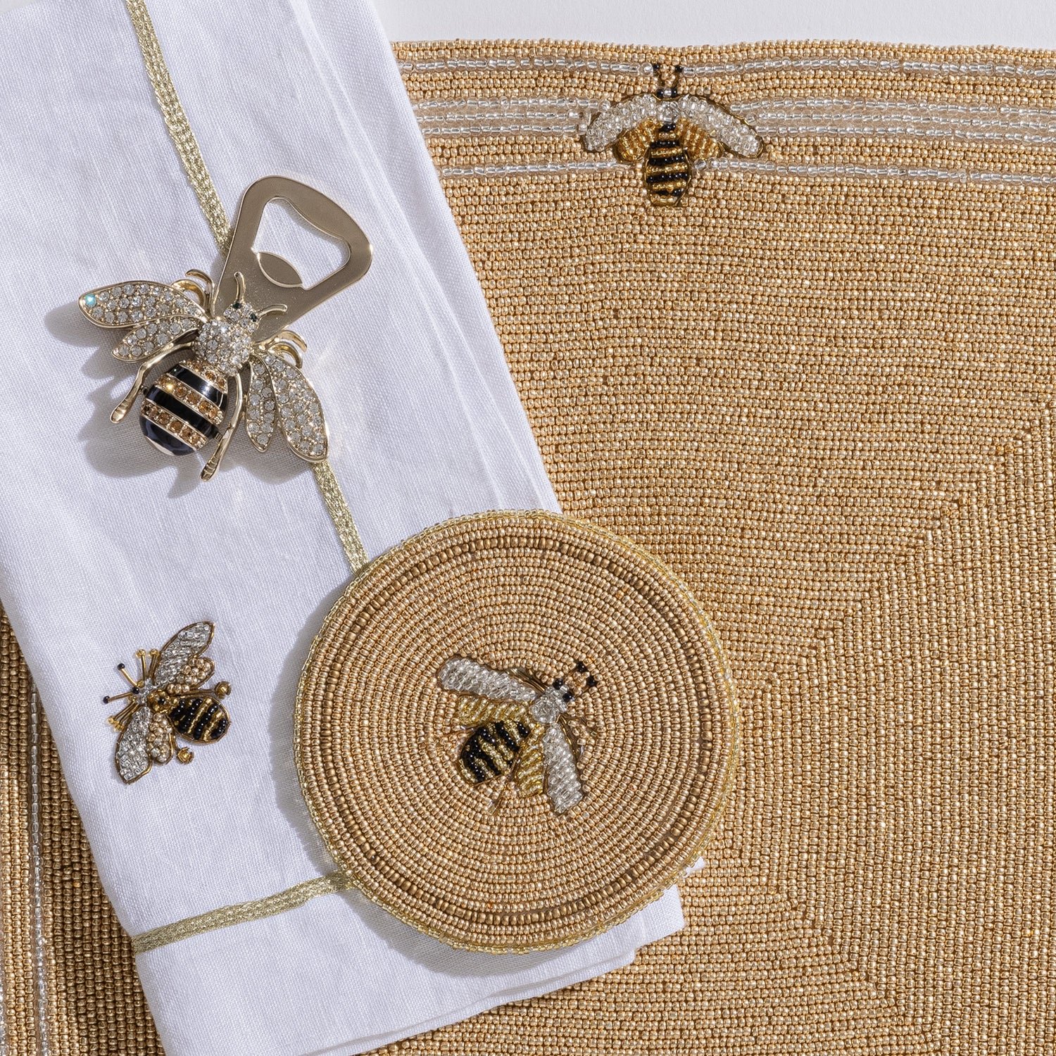 Stripey Bee Linen Dinner Napkins – White (Set of 2)