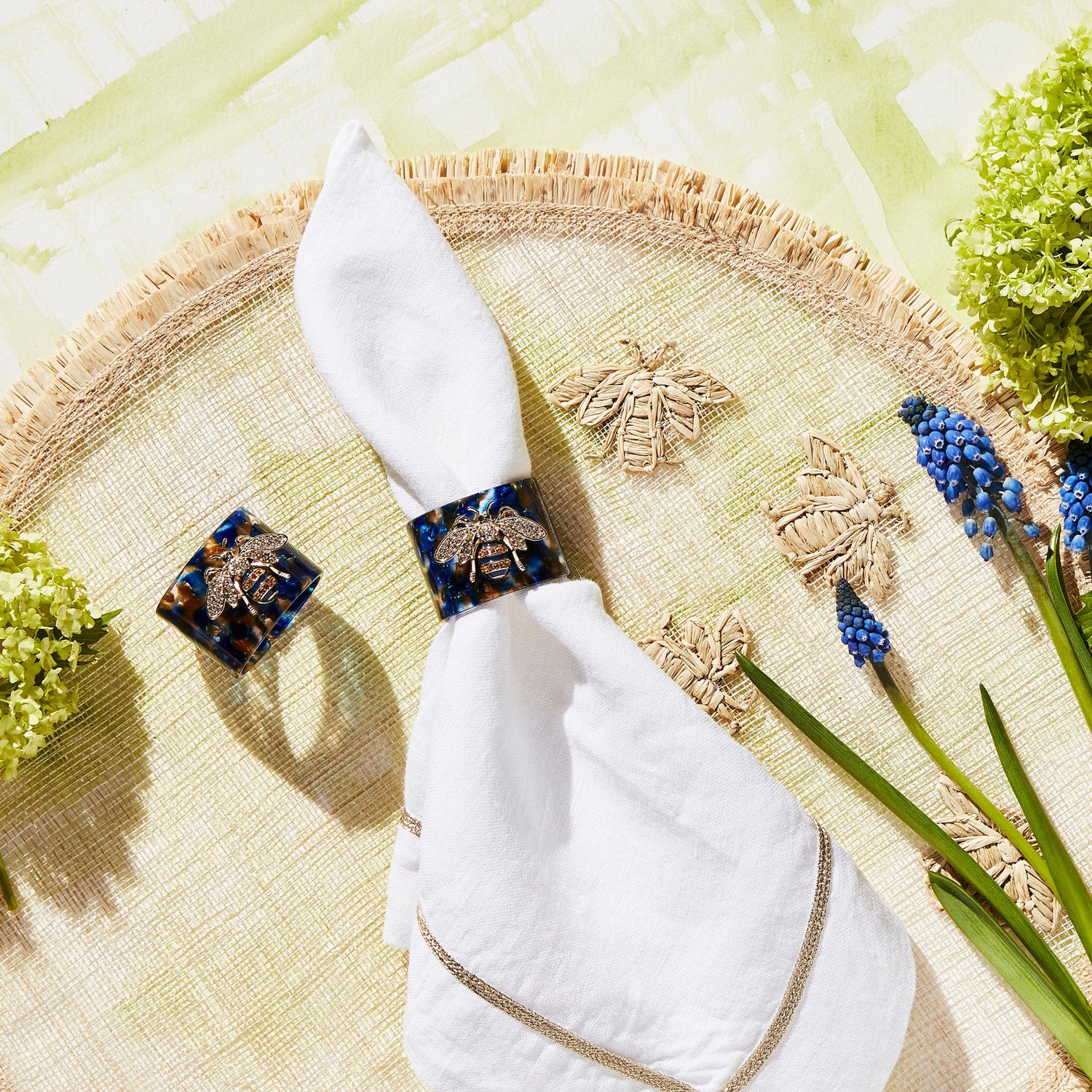 Stripey Bee Resin Napkin Rings – Blue Tortoiseshell (Set of 4)