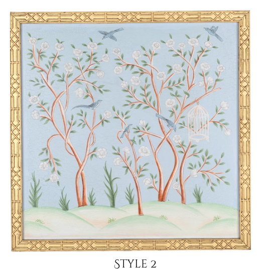 Pale Blue and Multi Color Chinoiserie Mural With Gold Fretwork Frame