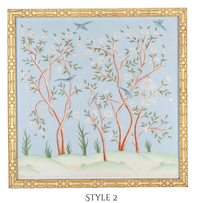 Pale Blue and Multi Color Chinoiserie Mural With Gold Fretwork Frame