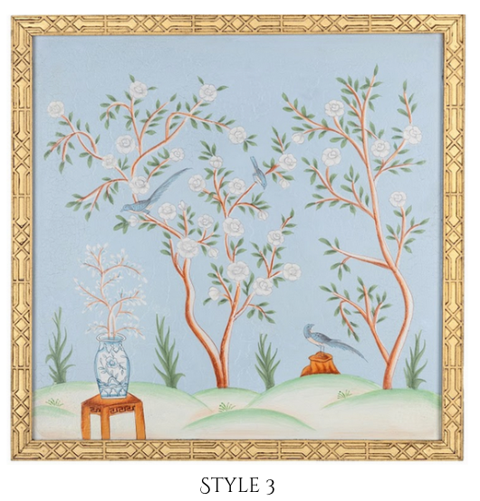 Pale Blue and Multi Color Chinoiserie Mural With Gold Fretwork Frame