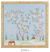 Pale Blue and Multi Color Chinoiserie Mural With Gold Fretwork Frame