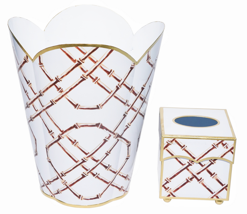 Tan Bamboo Wastepaper Basket & Tissue Cover