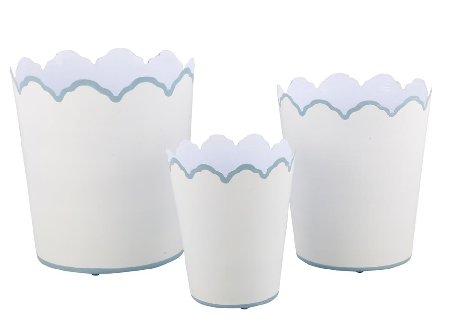 White & Pale Blue Scalloped Bucket Wastepaper Basket & Planters (3 Sizes)