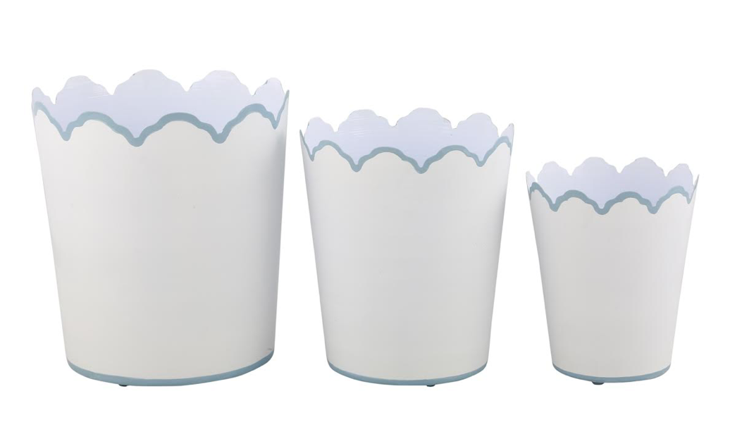 White & Pale Blue Scalloped Bucket Wastepaper Basket & Planters (3 Sizes)