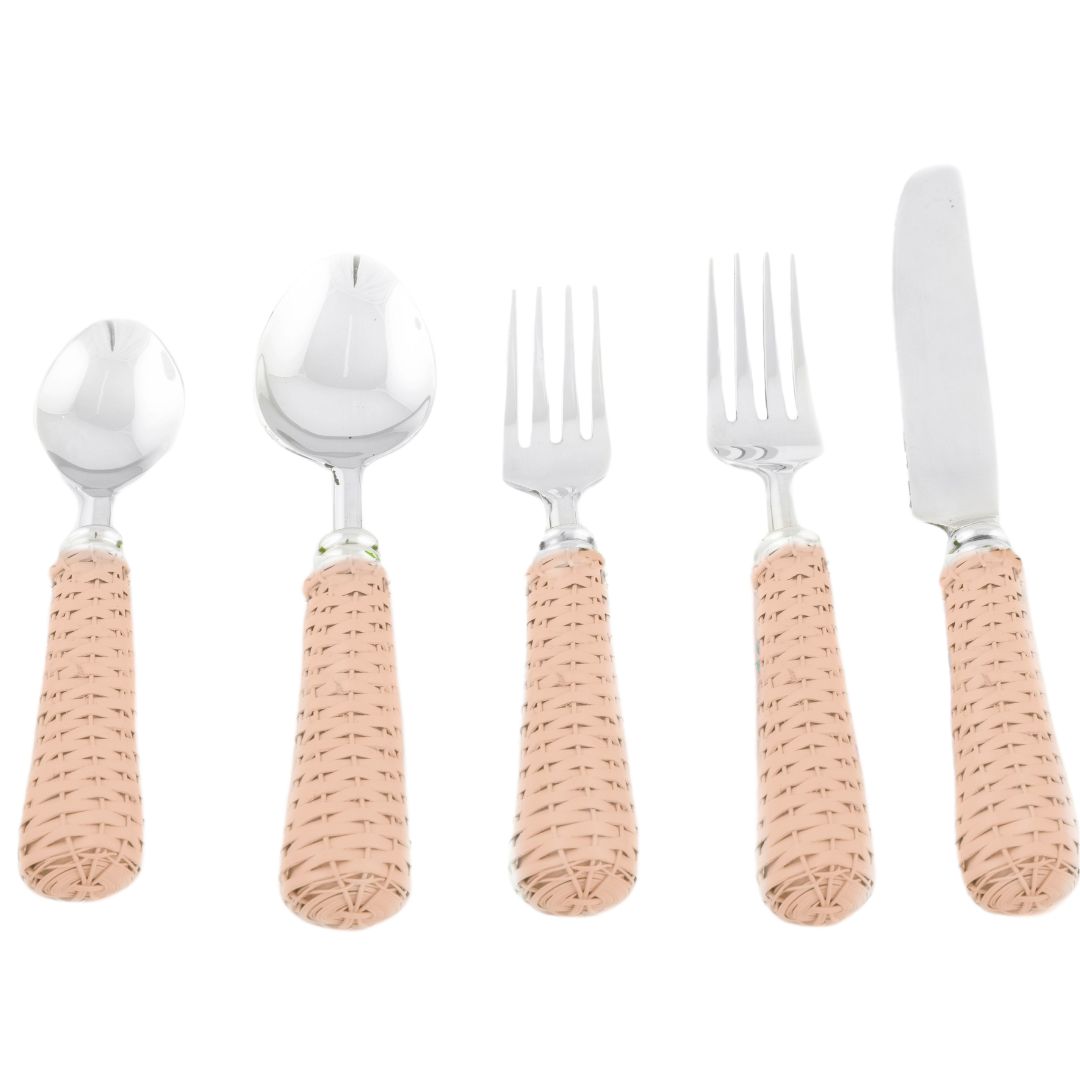 Pale Pink Basketweave Five Piece Flatware Set