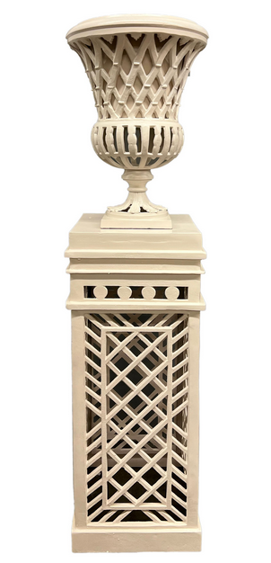 Bisque Cast Aluminum Fretwork Urn and Pedestal