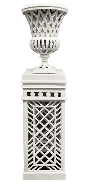 White Cast Aluminum Fretwork Urn and Pedestal