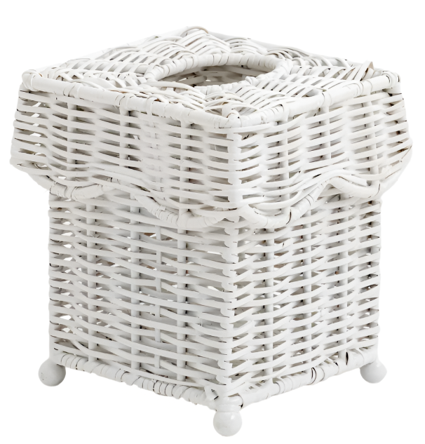 White Scalloped Wicker Wastepaper Basket & Tissue Holder