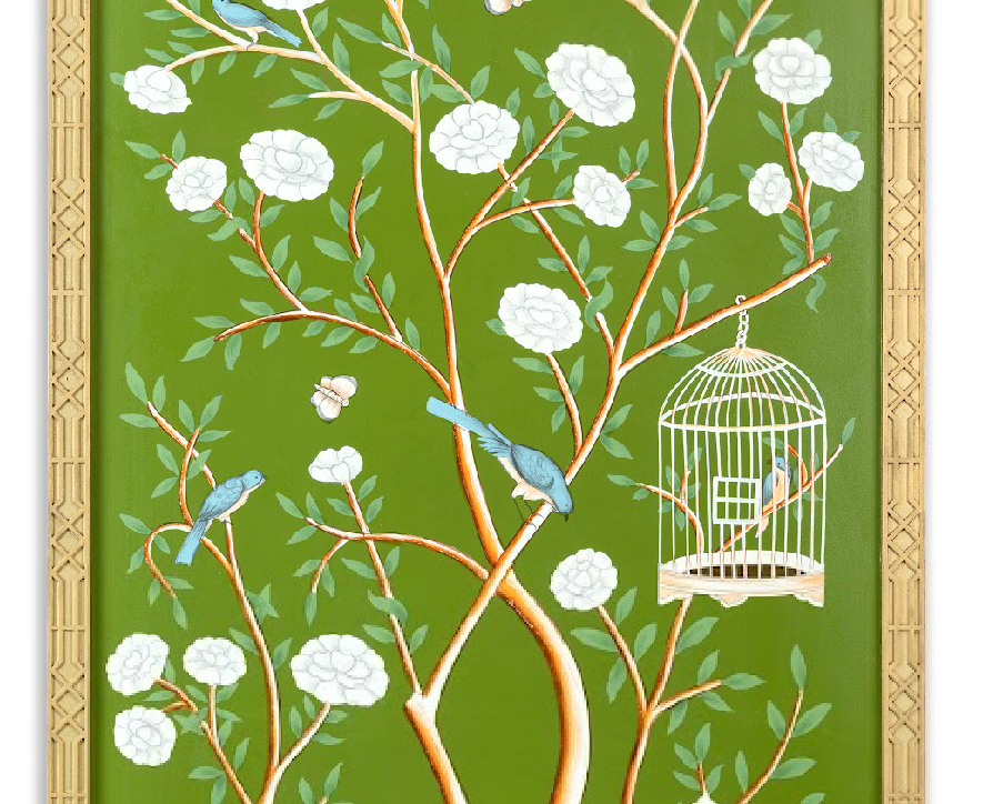 Moss Green And Multi Color Bird Cage Chinoiserie Mural