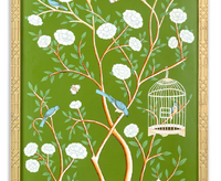 Moss Green And Multi Color Bird Cage Chinoiserie Mural