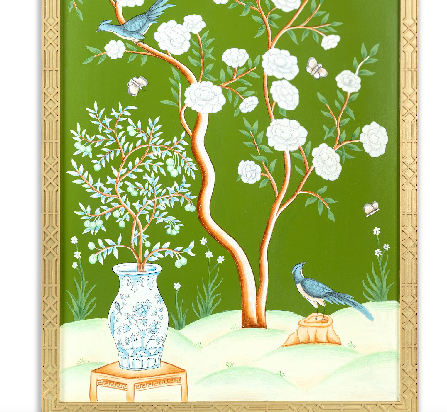 Moss Green And Multi Color Bird Cage Chinoiserie Mural