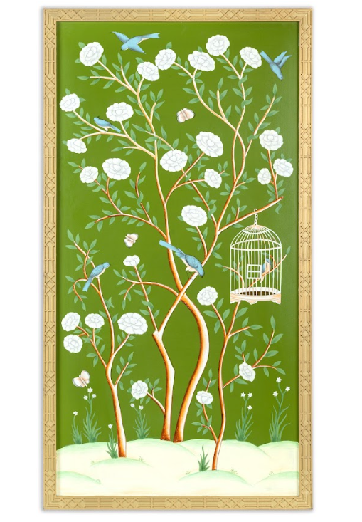 Moss Green And Multi Color Bird Cage Chinoiserie Mural