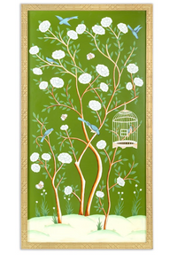 Moss Green And Multi Color Bird Cage Chinoiserie Mural
