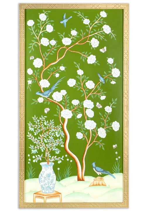 Moss Green And Multi Color Bird Cage Chinoiserie Mural