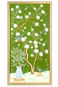 Moss Green And Multi Color Bird Cage Chinoiserie Mural