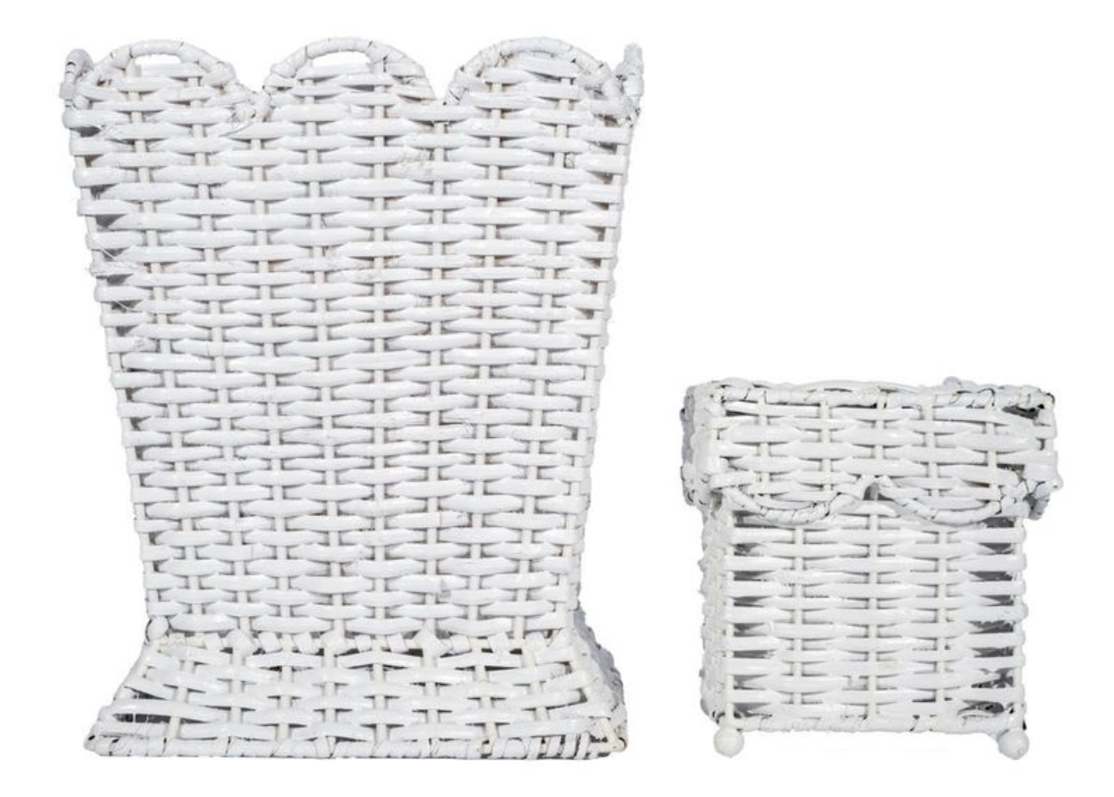 Square Scalloped White Wicker Wastepaper Basket & Tissue Holder