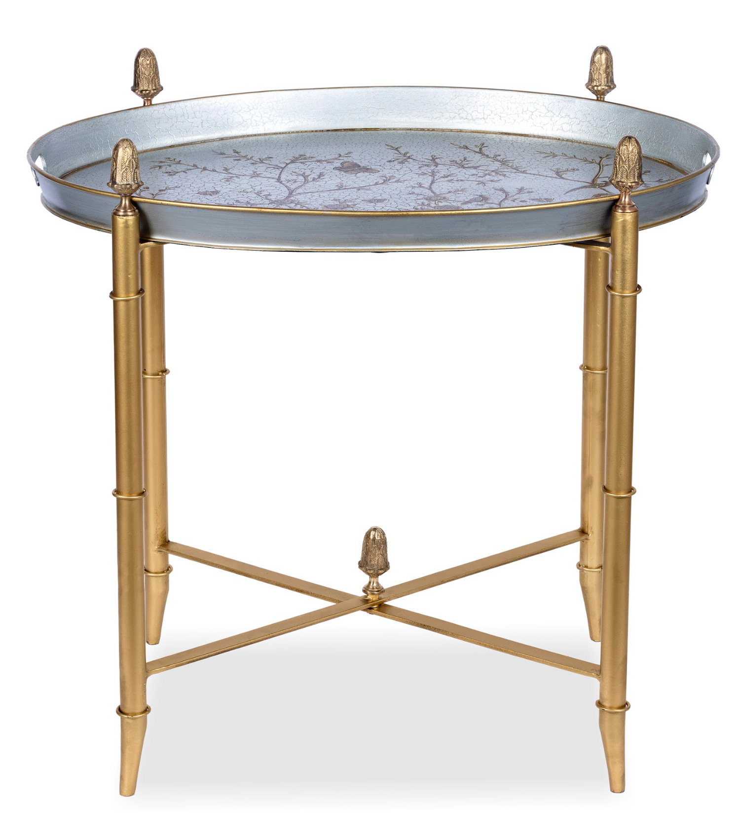 Pewter Round Tray & Gold Table with Finials