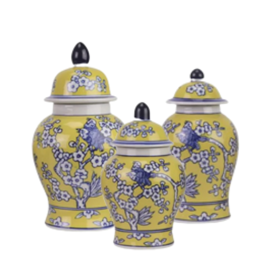 Set of 3 Yellow & Blue Floral Food Safe Jars